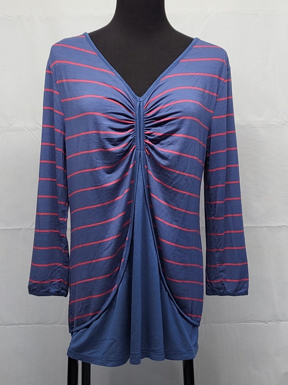 Spense Womens Top Stretch Size Large Soft Ruched Front 3/4 Sleeve Striped